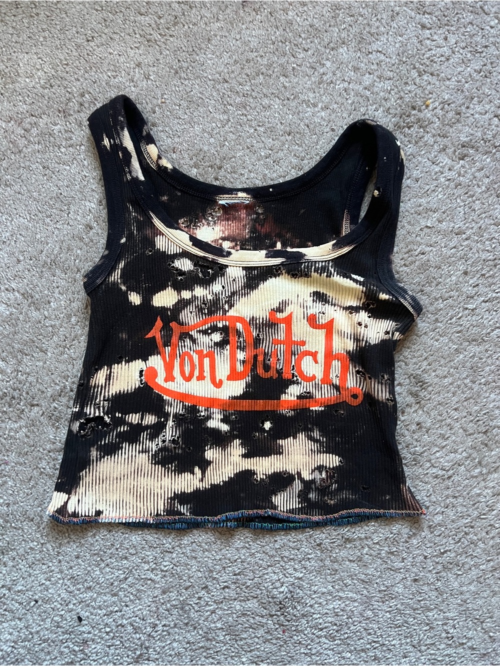 Von Dutch Black & White Tie-Dye Ribbed Tank with Orange Logo